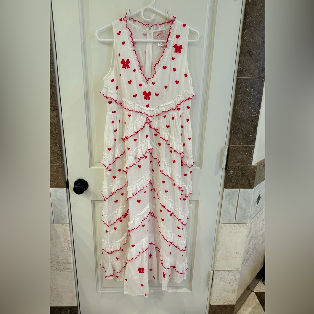 Banjanan embroidered bow and heart adorable ruffle cotton dress sz S rare!